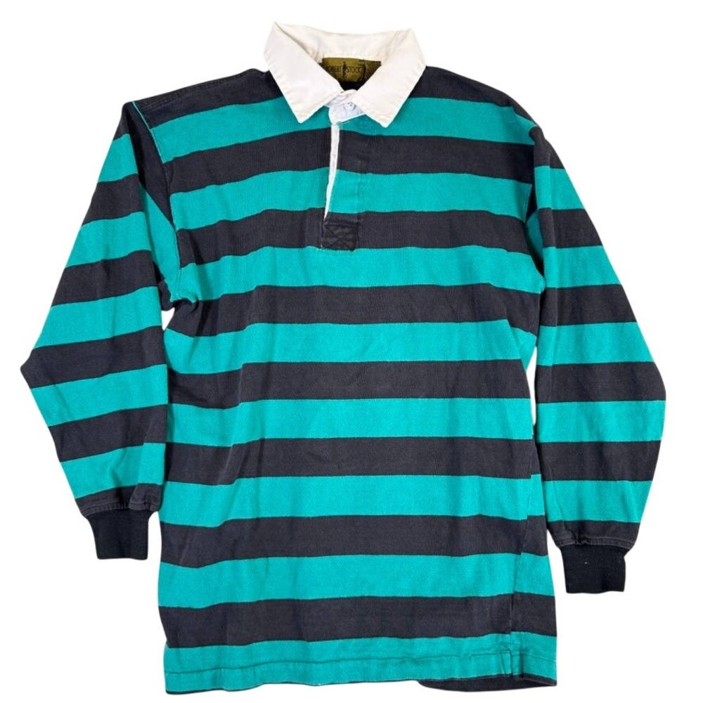Robert Stock Mens Rugby Shirt Long Sleeve Teal Black Striped Cotton Med READ